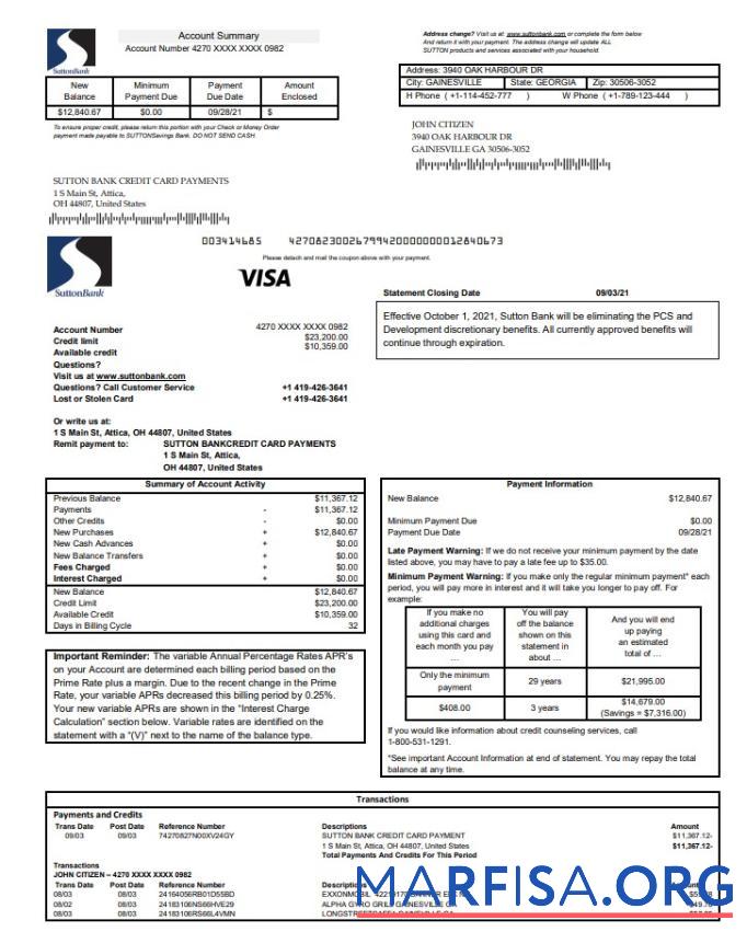 Printable USA Sutton bank Credit card statement word download for verification